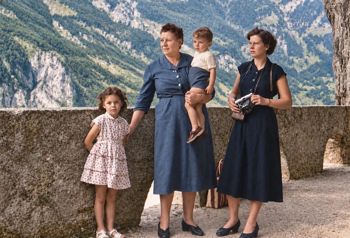 Photo d'origine : un petit garçon dans les bras de sa grand-mère, à côté d'une fillette et d'une dame, devant des montagnes