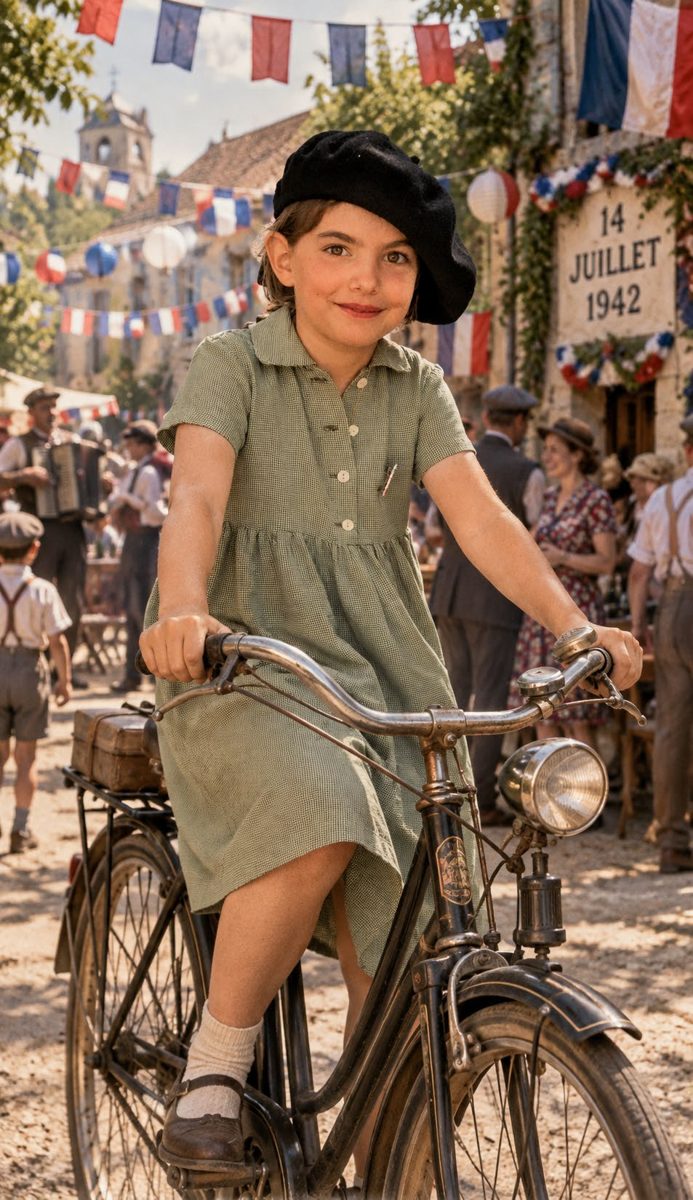 Résultat : la même fillette sur un vélo ancien, au milieu d'une fête du 14 juillet 1942
